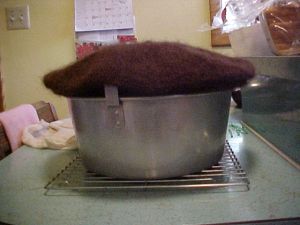 Hat on steamer on mugs in cake pan . . . . 
